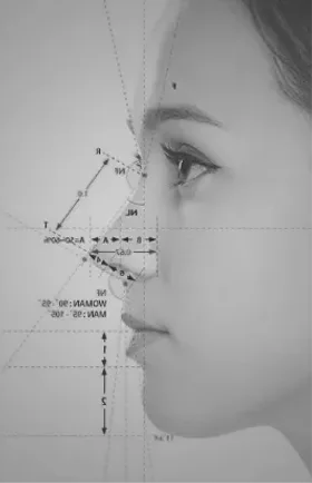 A woman 's face with lines and numbers on it.