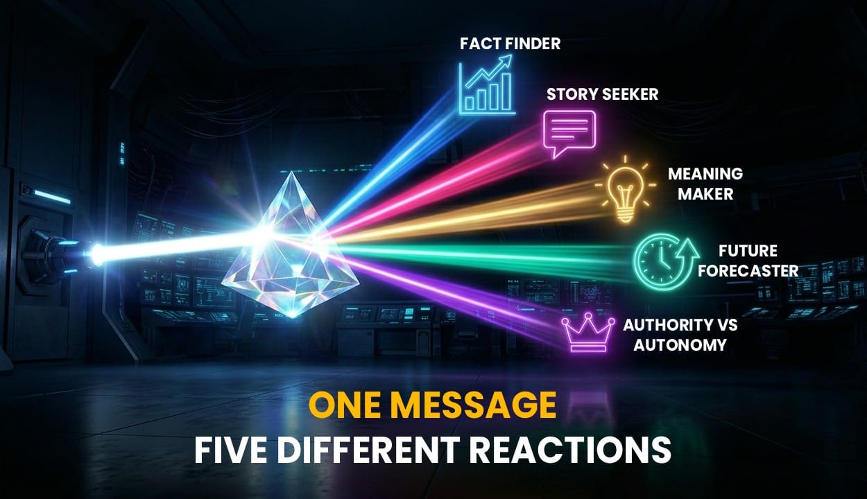Prism splitting light into five colored labeled rays