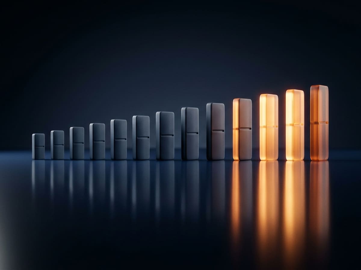 Row of blocks growing taller and glowing amber from left to right, representing podcast ad spend and return on ad spend