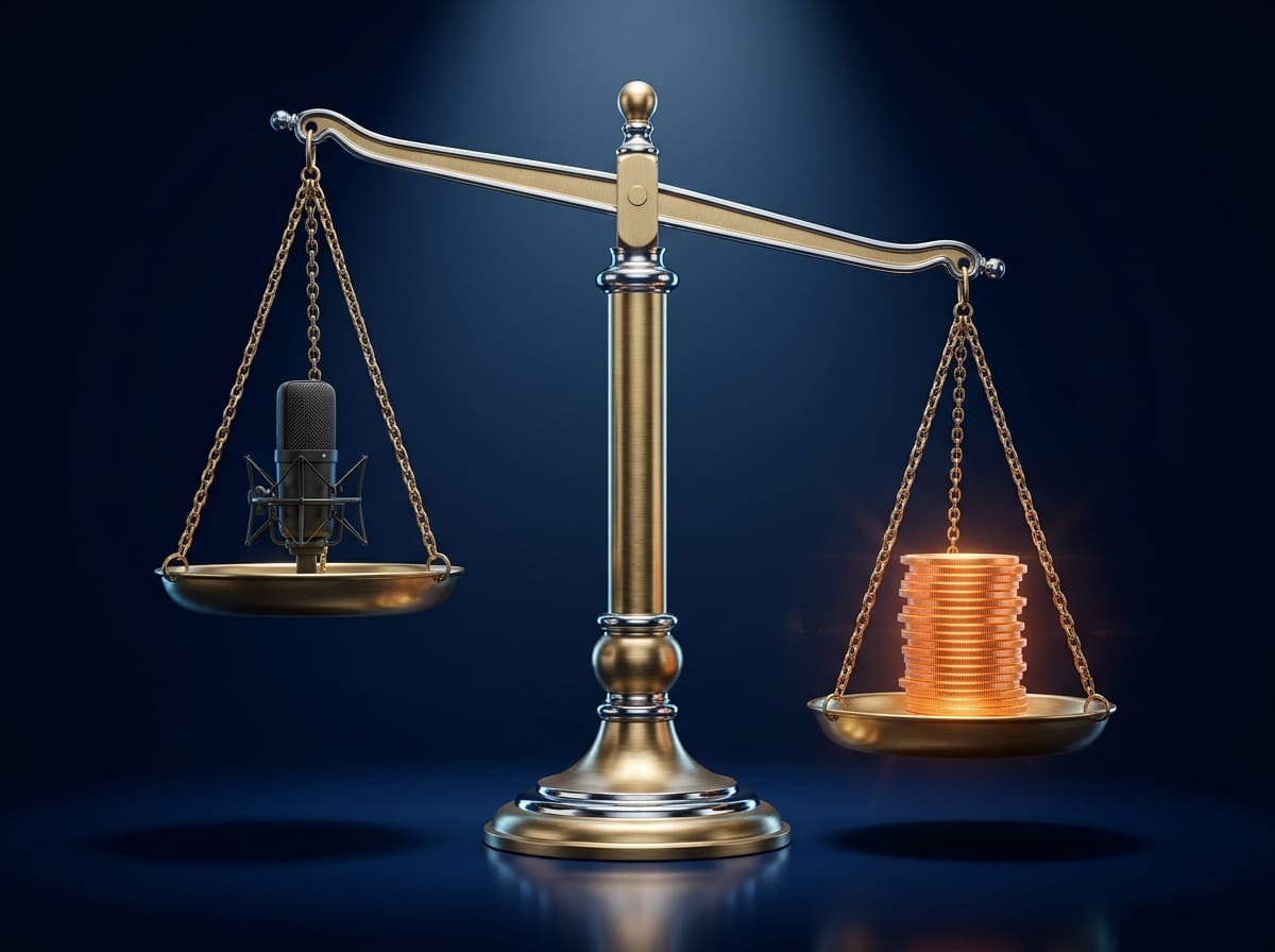 Balance scale weighing a podcast microphone against a stack of coins, illustrating how to measure podcast advertising ROI