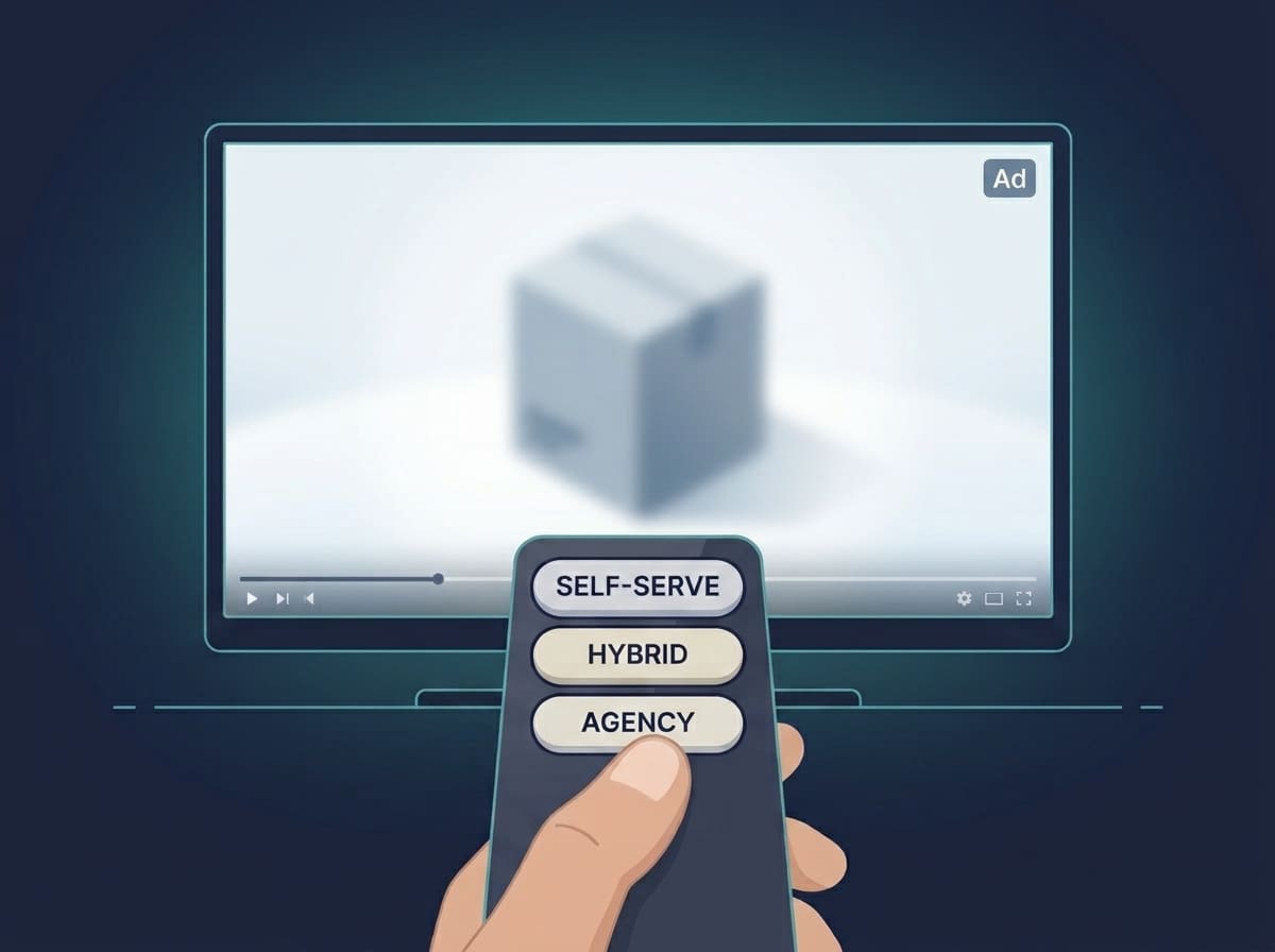 Hand holding a TV remote with Self-serve, Hybrid, and Agency buttons, representing the choice between running connected TV yourself or working with an agency.
