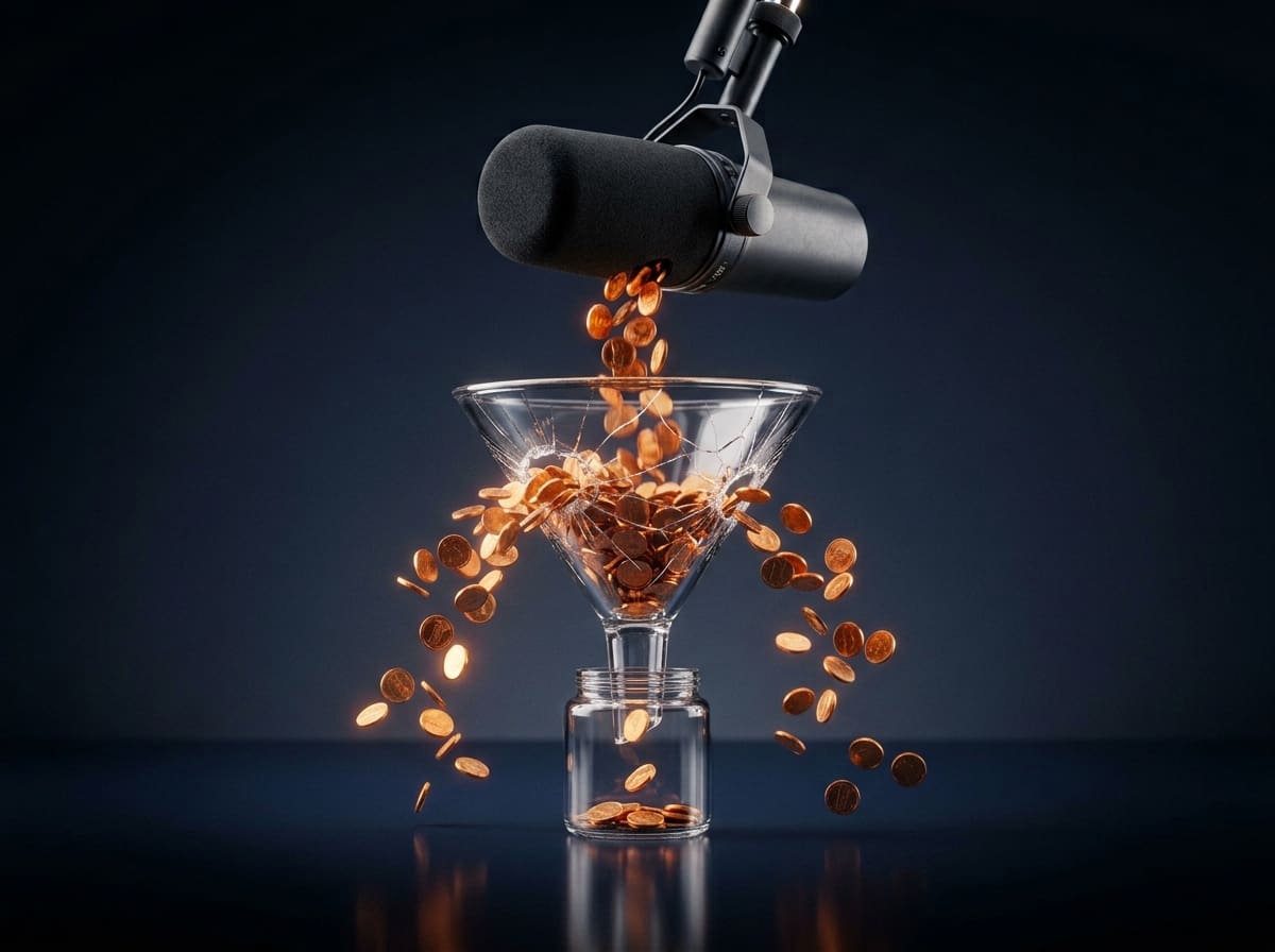 Podcast microphone pouring coins into a cracked funnel, showing why podcast ads underperform as most spend leaks away