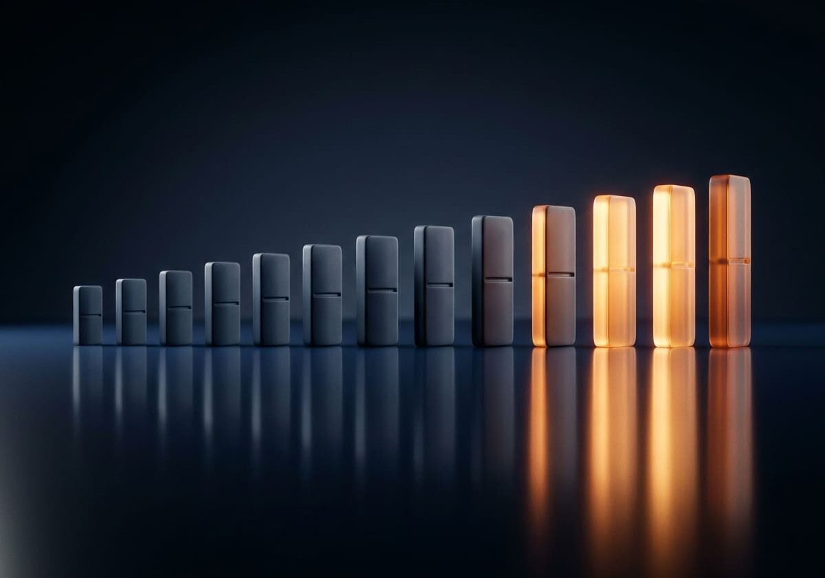 Row of blocks growing taller and glowing amber from left to right, representing podcast ad spend and return on ad spend