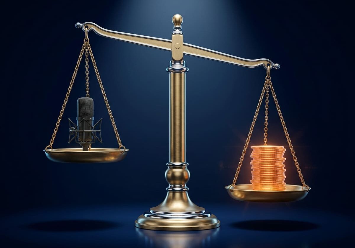 Balance scale weighing a podcast microphone against a stack of coins, illustrating how to measure podcast advertising ROI
