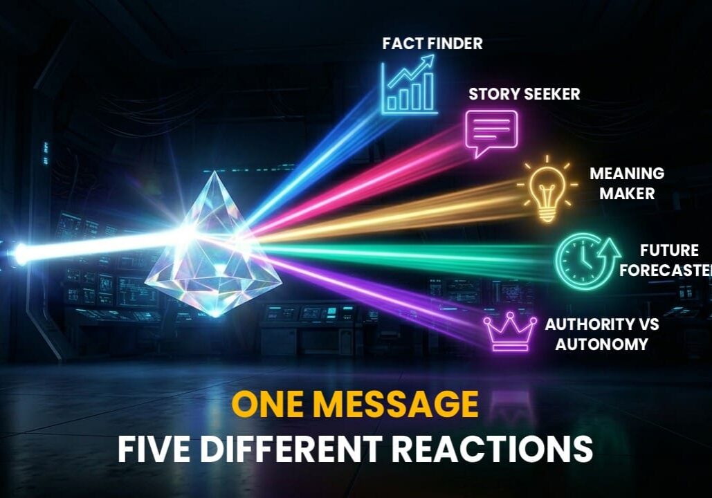 Prism splitting light into five colored labeled rays