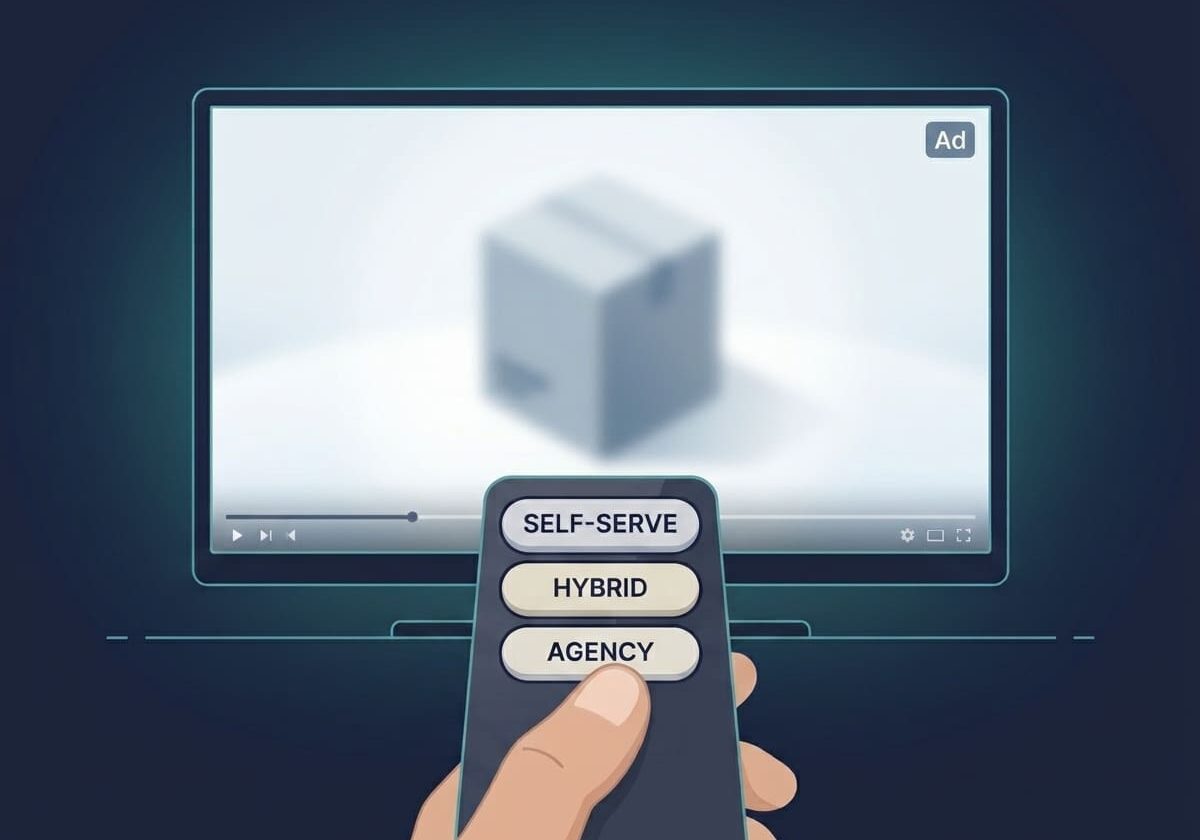 Hand holding a TV remote with Self-serve, Hybrid, and Agency buttons, representing the choice between running connected TV yourself or working with an agency.