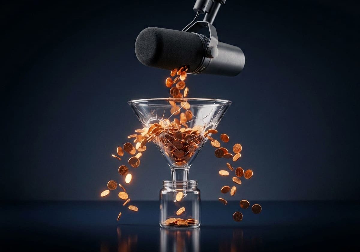 Podcast microphone pouring coins into a cracked funnel, showing why podcast ads underperform as most spend leaks away